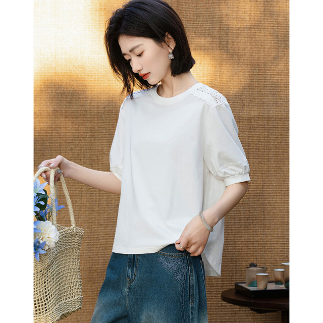 13287702.【凉感黑科技】夏季慵懒风索罗娜水溶镂空花边前短后长t恤女高级