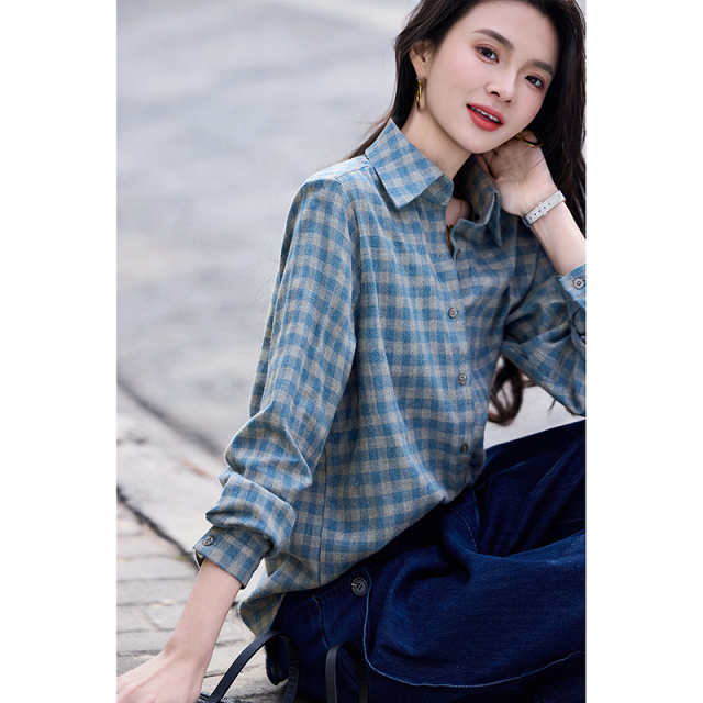 13287387.【纯棉磨毛】春季复古翻领格纹偏厚宽松显瘦小个子衬衫女高级感