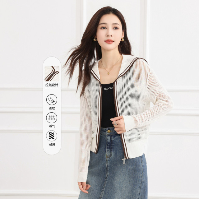 13295448.【专柜同款】【轻薄外套】气质减龄海军领撞色百搭女式开衫