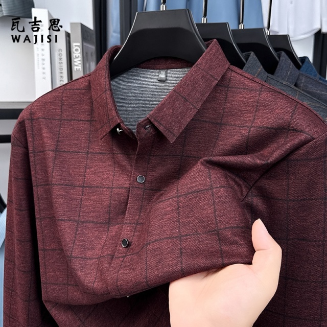 13289983.含桑蚕丝翻领长袖衬衫男士春季休闲免烫上衣服商务通勤格子衬衣男
