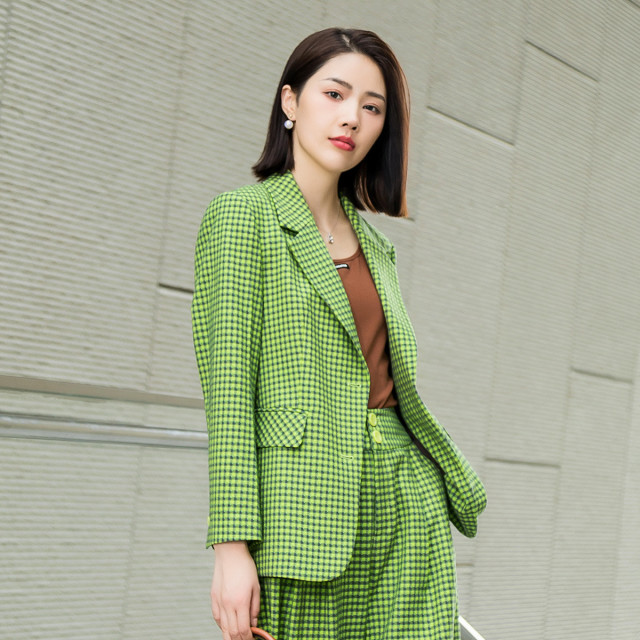13294478.【专柜同款】【两粒扣西服】时尚通勤气质简约女式格子外套