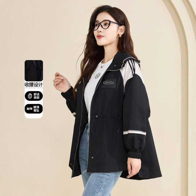 13293276.【专柜同款】【连帽休闲风衣】短款收腰显瘦撞色百搭女式外套