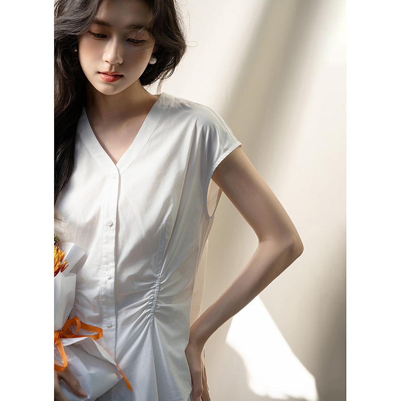 13287655.【全棉府绸】夏季简约风V领弧形下摆松紧腰半身裙显瘦套装女高级