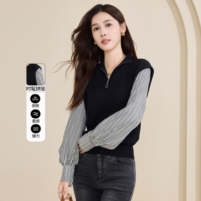 13296212.【专柜同款】时尚拼接秋减龄休闲百搭女式上衣