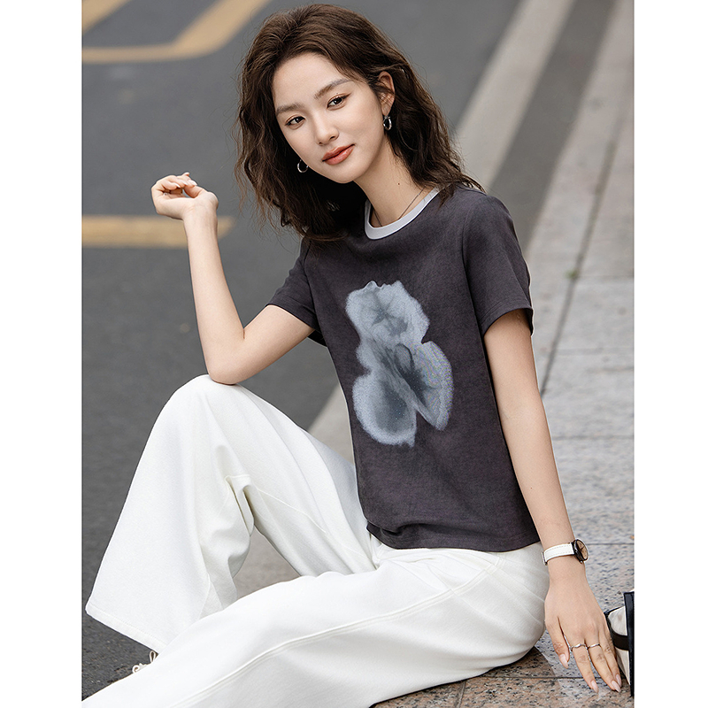 13287662.【云朵棉系列】夏季水墨风艺术印花圆领宽松显瘦小个子t恤女高级