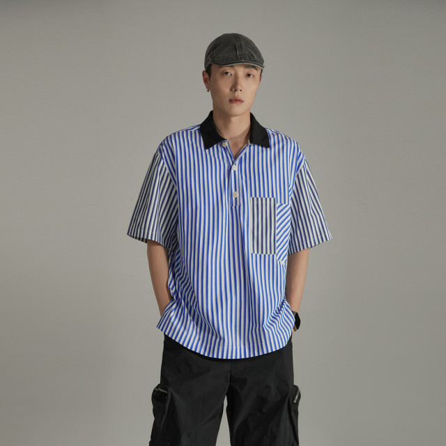 13288250.【男女同款】条纹拼接短袖衬衫夏季宽松中长上衣