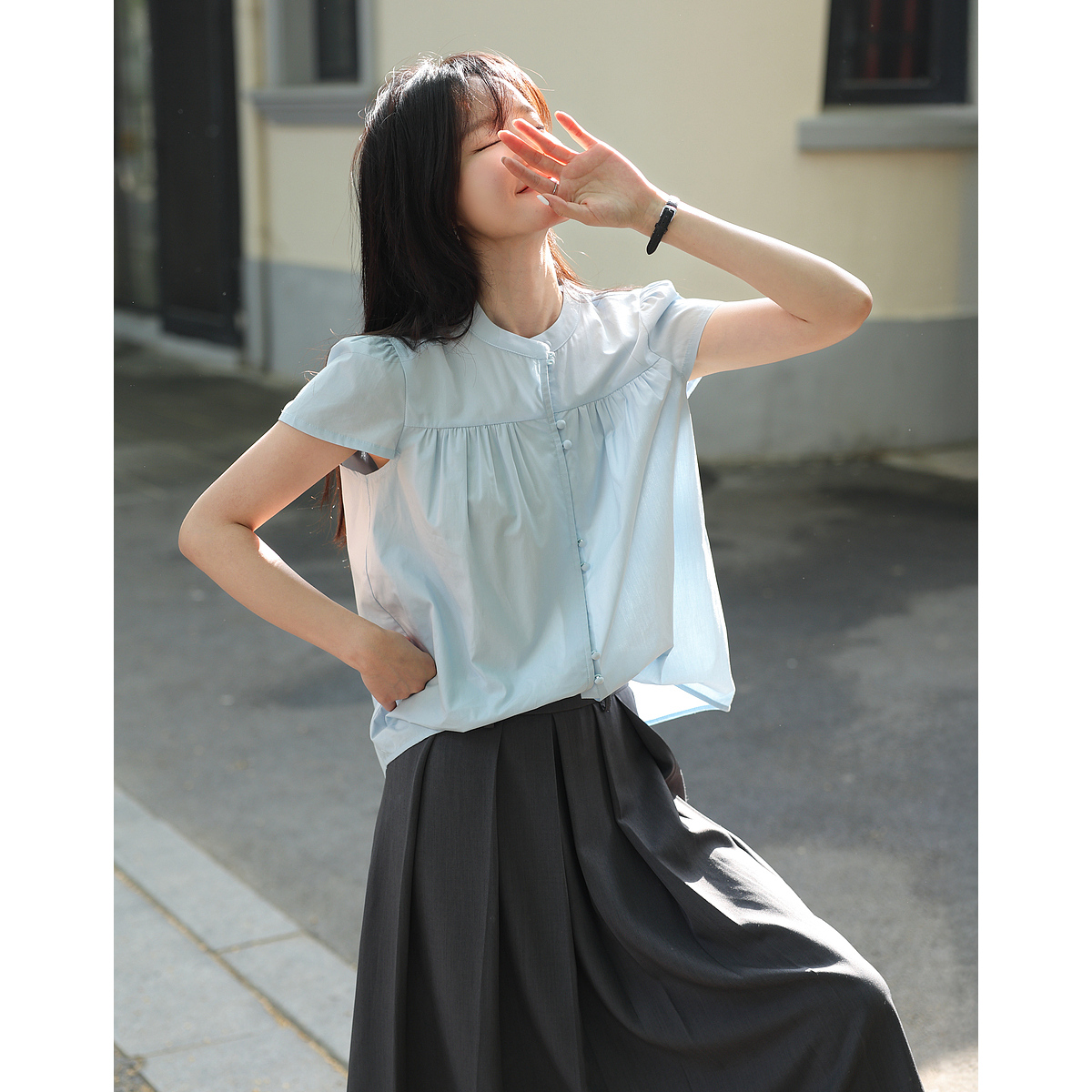 13291274.【清甜纯棉主义】夏季文艺风立领短袖衬衫遮肉小个子衬衣女装上衣