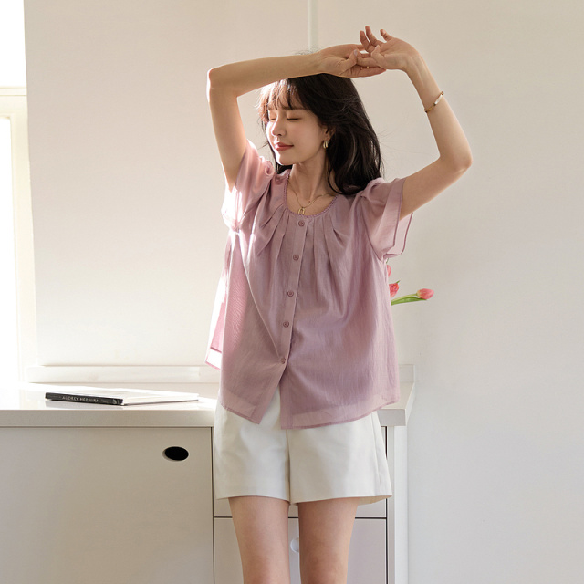 13291266.【莱赛尔调色盘】夏季多巴胺花边圆领飞飞袖衬衫轻薄衬衣女装上衣