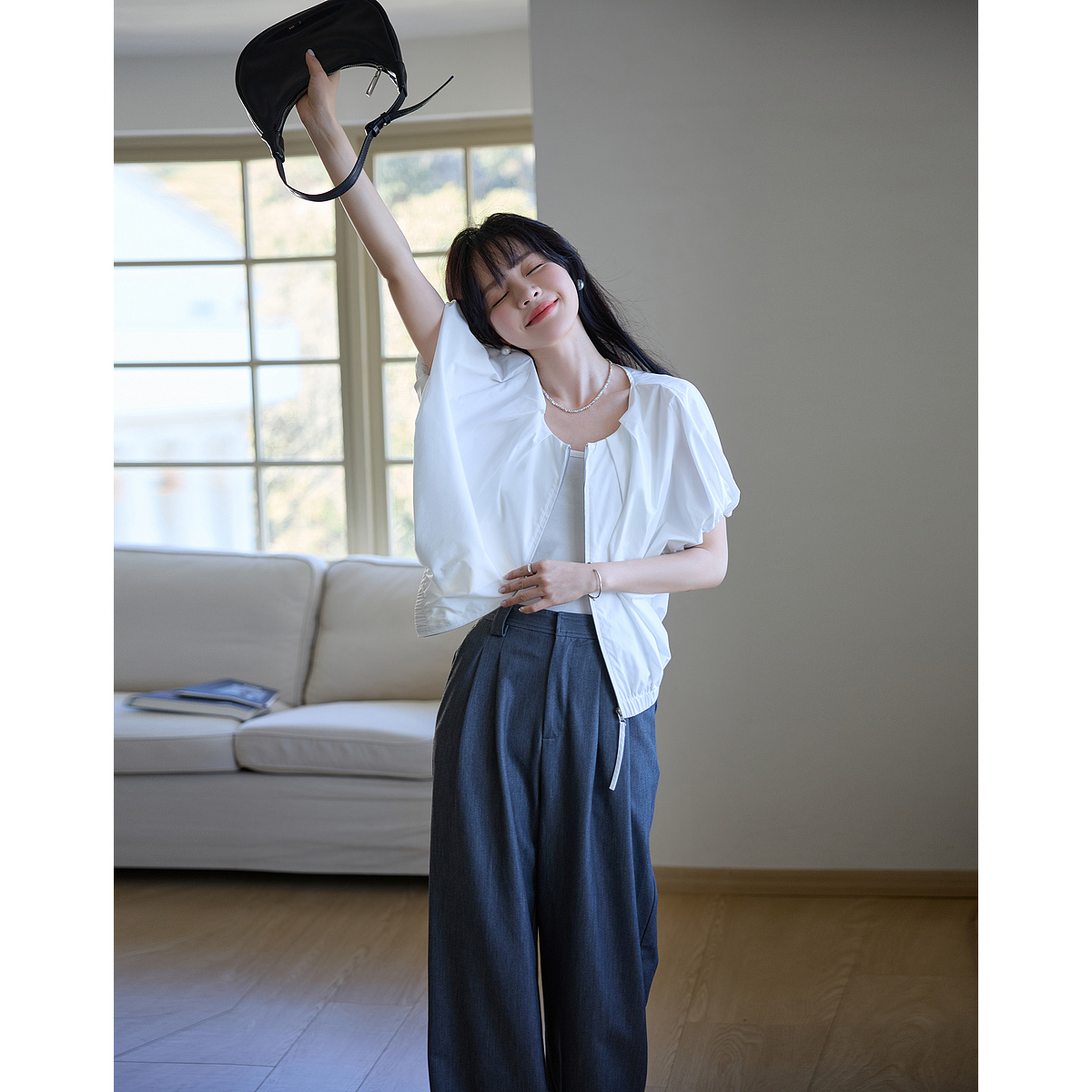 13291264.【纯棉Row风】夏季简约风双拉链五分袖收腰松弛感女式夹克外套
