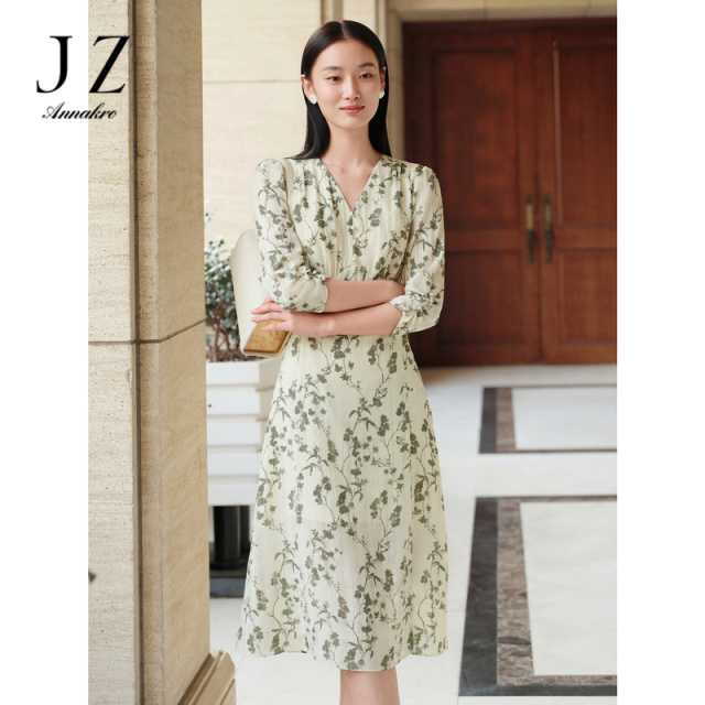 13292383.玖姿安娜蔻清新森系浪漫飘逸印花雪纺连衣裙女装夏季新款