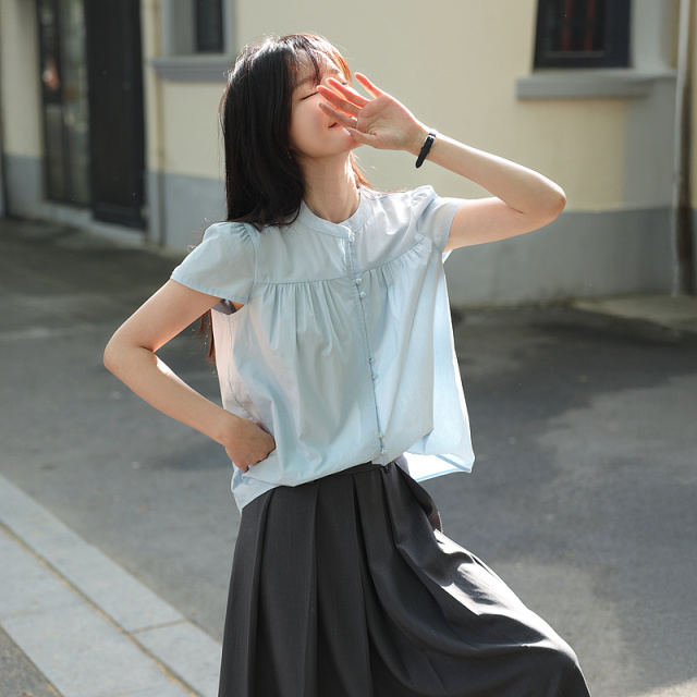 13291274.【清甜纯棉主义】夏季文艺风立领短袖衬衫遮肉小个子衬衣女装上衣