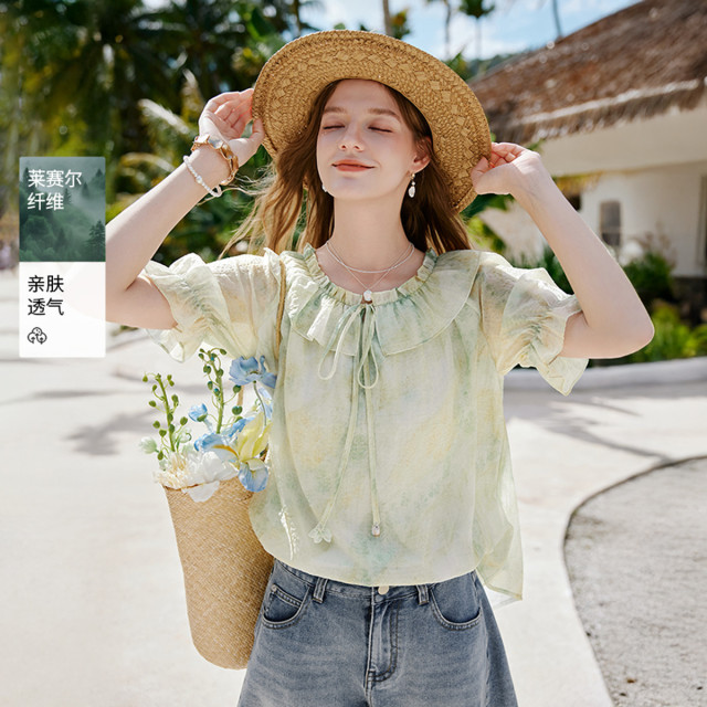 13294608.2026夏季渐变晕染娃娃衫女荷叶边度假小衫雪纺泡泡袖上衣