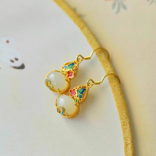 13292419.【溅花溪】宫廷珐琅彩和田玉水晶葫芦古法金精工耳钉 赠国检证书 赠品牌礼盒