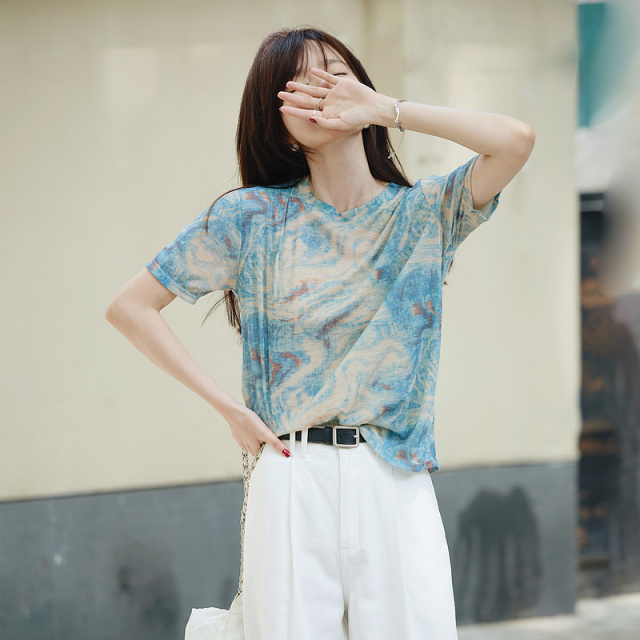 13290906.瑞品集团mt【莫奈印象】夏季小众个性晕染印花圆领短袖宽松舒适遮肉女式t恤