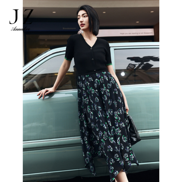 13292069.商场同款JZ玖姿撞色假两件短袖针织连衣裙女夏新款JWEX31602