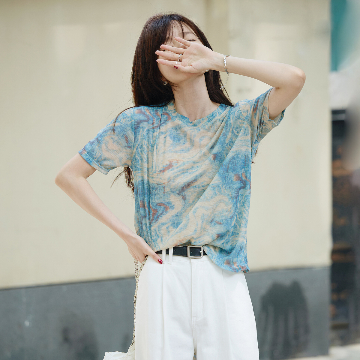 13290906.瑞品集团mt【莫奈印象】夏季小众个性晕染印花圆领短袖宽松舒适遮肉女式t恤