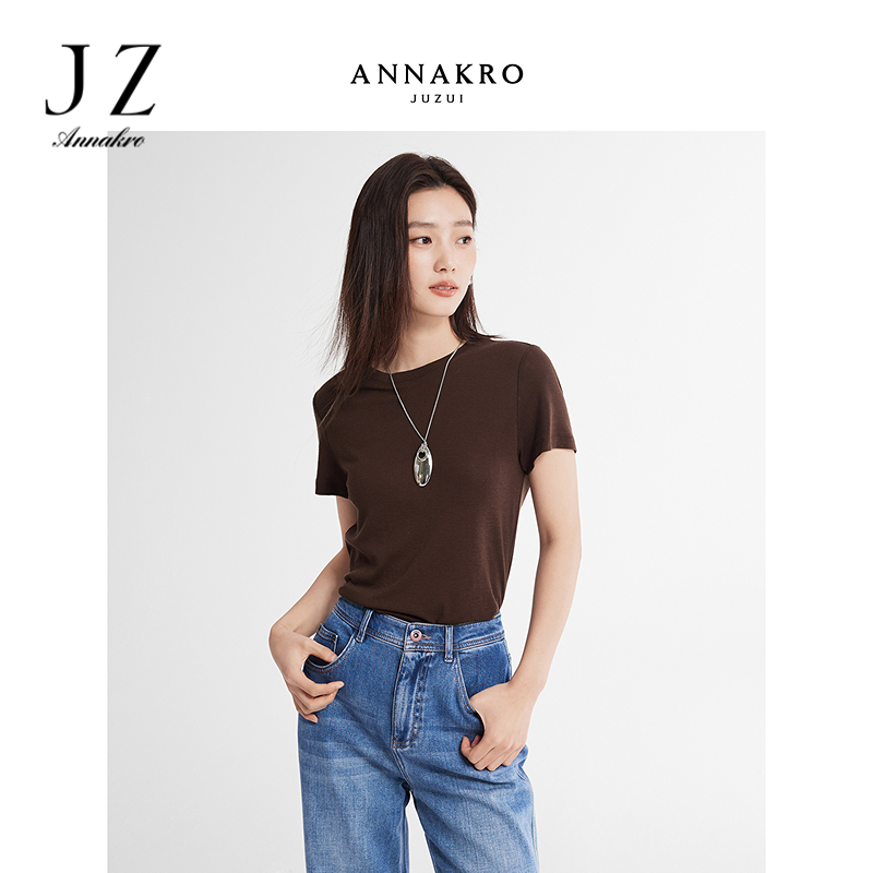 13294258.玖姿安娜蔻极简百搭基础款纯色圆领莱赛尔短袖T恤女2026春季新款