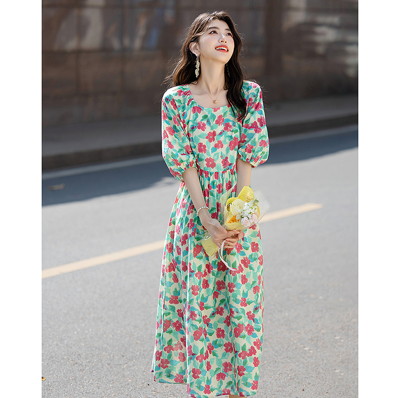 13293323.【莫奈花园】夏季法式纯棉竹节棉布印花高腰娃娃裙宽松女式连衣裙