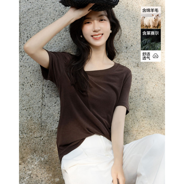 13329856.【含绵羊毛莱赛尔】夏季设计感扭结修身高弹短袖显瘦t恤女高级感