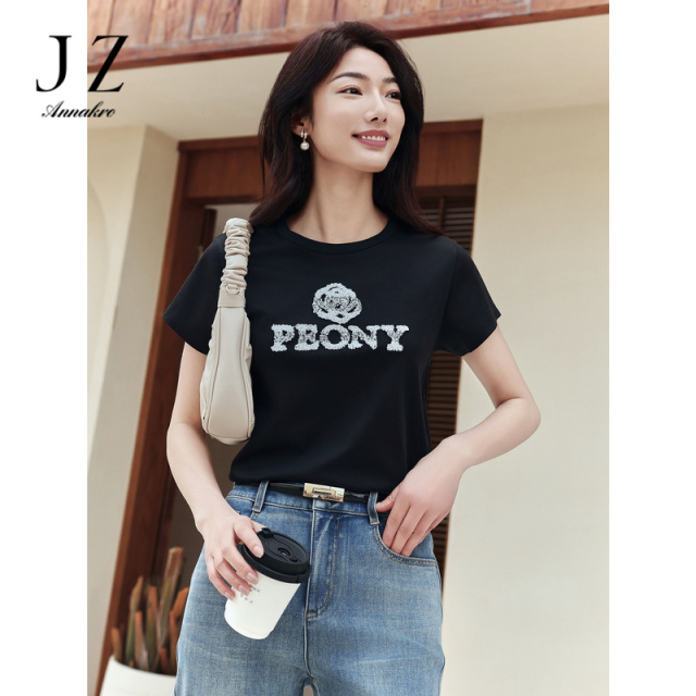 13294155.商场同款JZ玖姿休闲简约钉珠纯棉T恤女装夏季新款JWEX83319