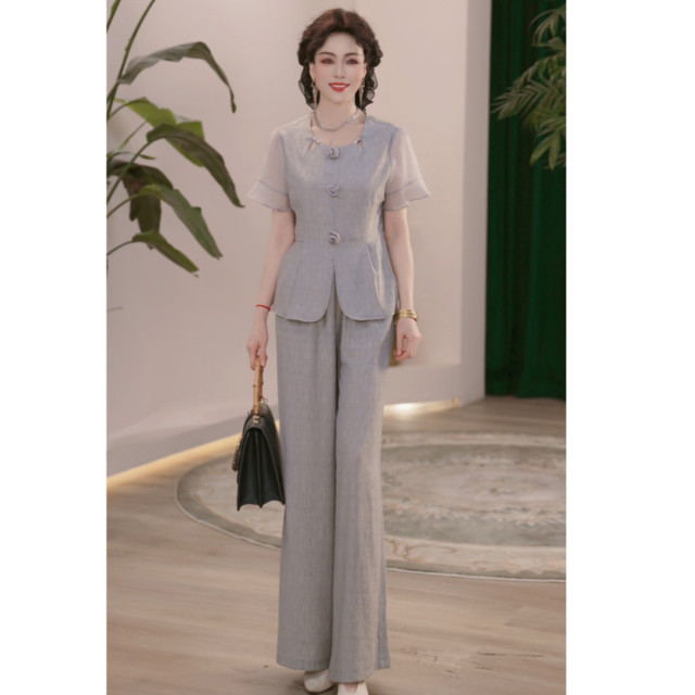 13293442.夏季妈妈装薄款休闲套装气质衬衣洋气减龄T恤+裤子两件套