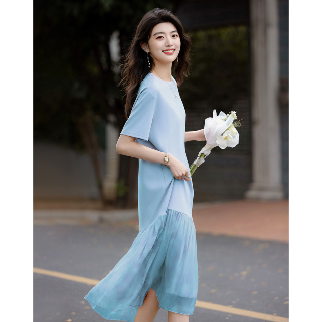 13330440.【周末懒人穿搭】夏季法式圆领宽松腰短袖印花拼接T恤式女连衣裙