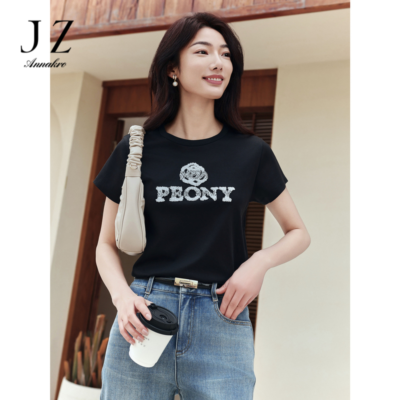 13294155.商场同款JZ玖姿休闲简约钉珠纯棉T恤女装夏季新款JWEX83319