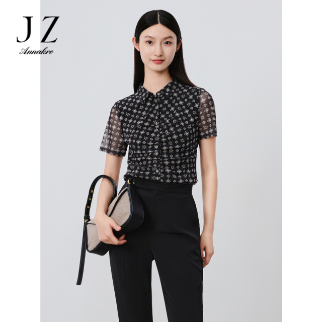 13295324.商场同款JZ玖姿繁星四叶草纱罗短袖衬衫女夏季新款JWDX60206