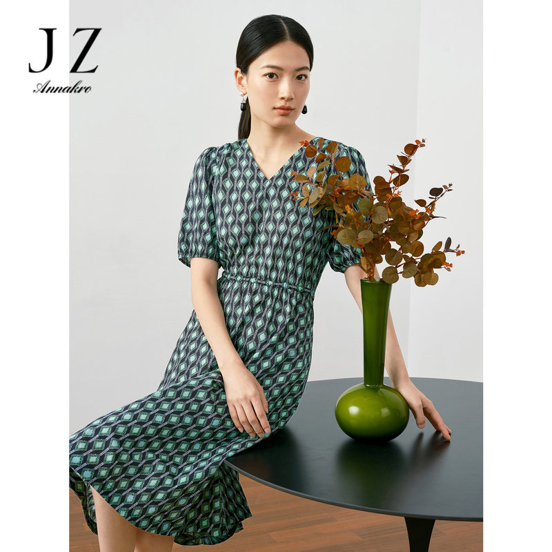 13293980.JZ玖姿商场同款轻熟风几何印花棉质收腰连衣裙夏季新款JWDX50084