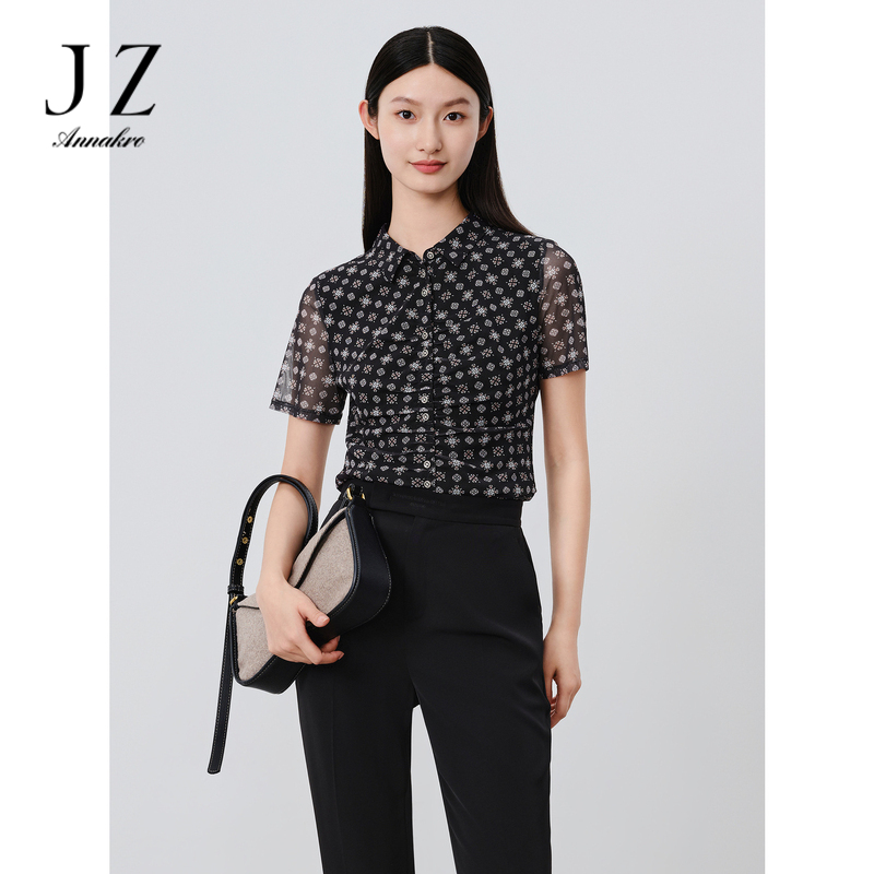 13295324.商场同款JZ玖姿繁星四叶草纱罗短袖衬衫女夏季新款JWDX60206