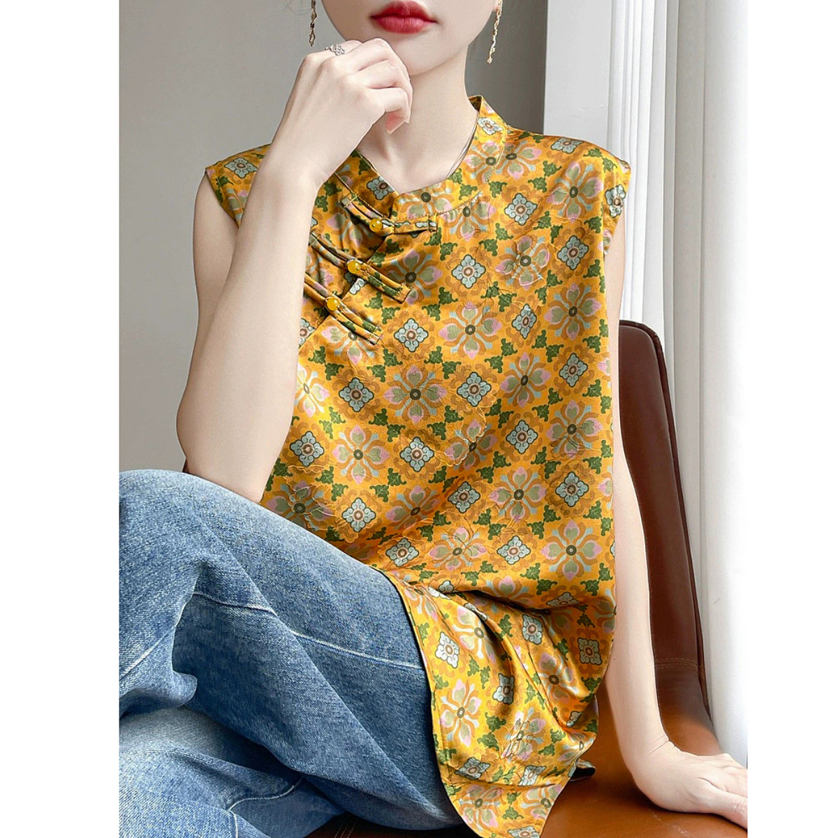 13329927.【东方美学】春季国风新中式缎面提花衬衫盘扣中长款衬衣女装上衣