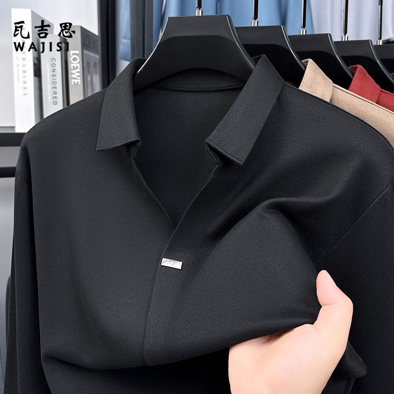 13298407.休闲t恤男士轻奢海鸥领长袖春秋季纯色时尚休闲翻领polo衫薄