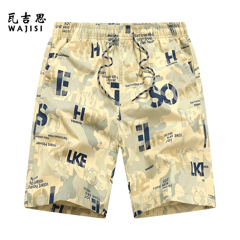 13298429.纯棉男士五分裤夏季外穿中裤宽松印花沙滩裤休闲直筒短裤潮