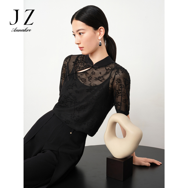 13301705.JZ玖姿商场同款新中式淑女微透黑色短袖上衣女夏季新款JWDX31226