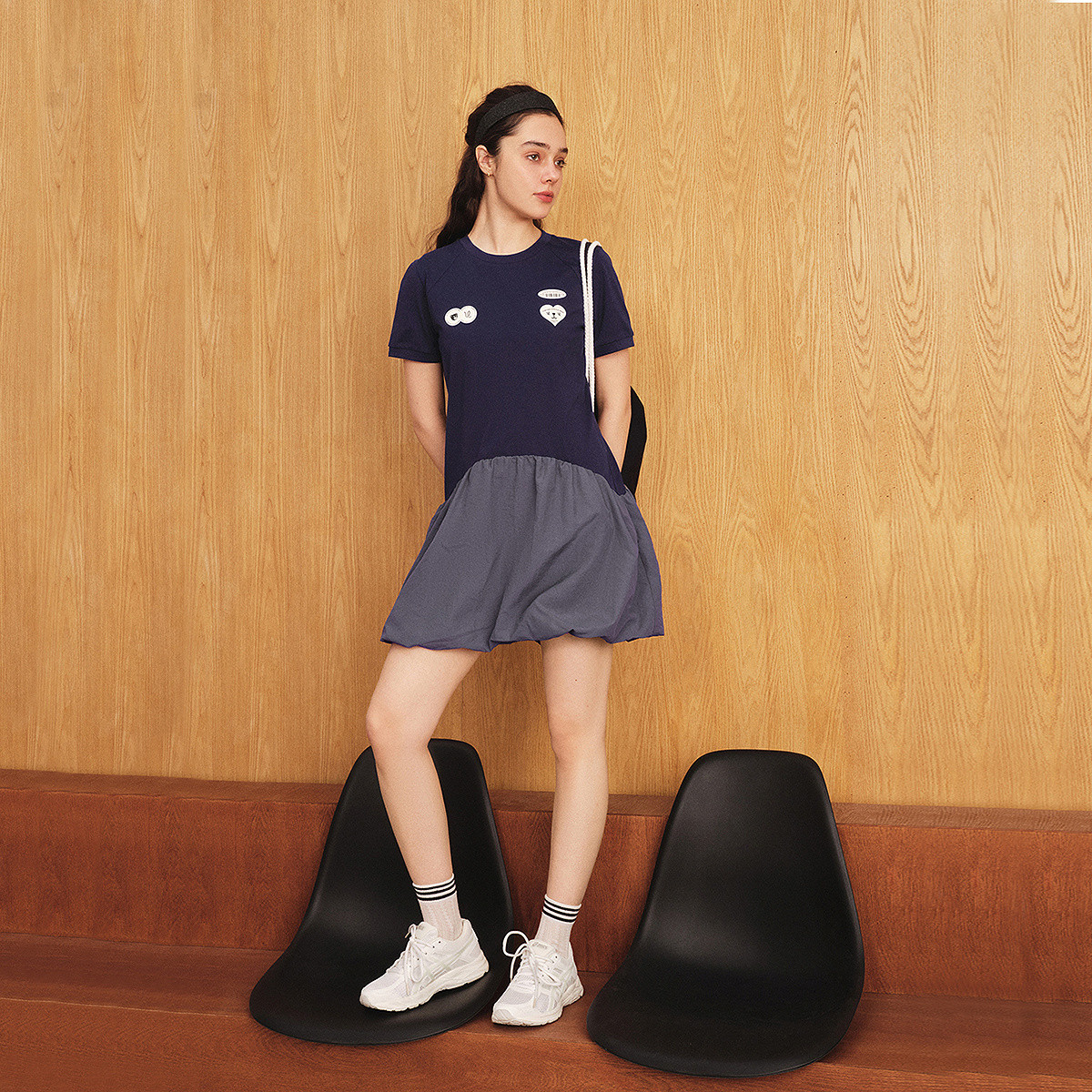 13301625.昂诺字母爱心卡通连衣裙女夏季拼接圆领短袖短裙