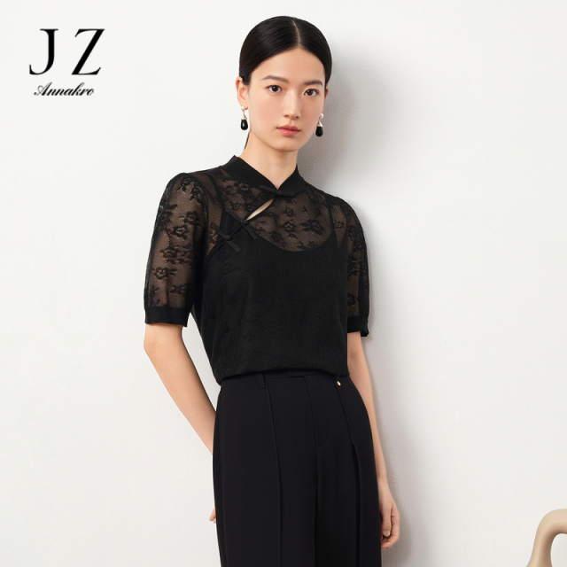13301705.JZ玖姿商场同款新中式淑女微透黑色短袖上衣女夏季新款JWDX31226