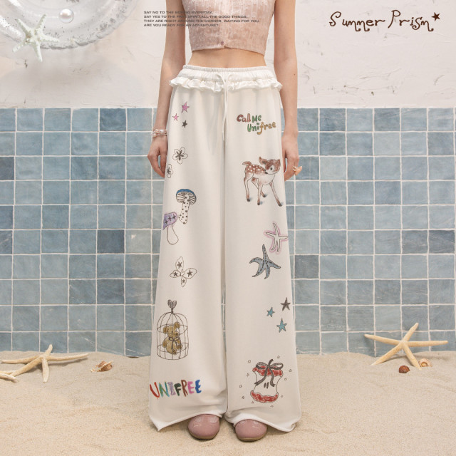 13314924.【26年夏新品】韩系少女童趣印花荷叶边设计减龄宽松阔腿休闲裤U262P051C1W1