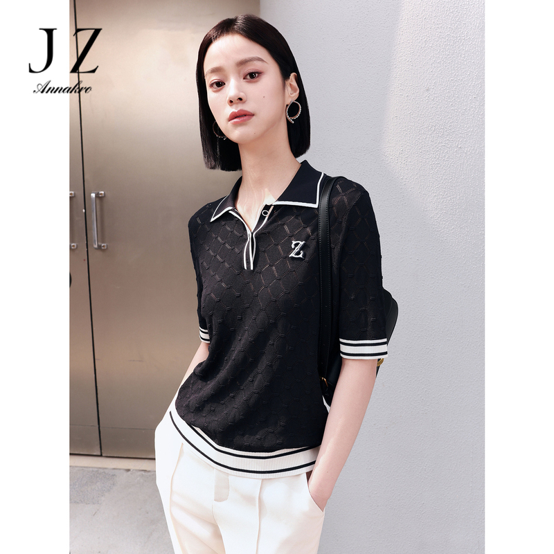 13301496.商场同款JZ玖姿老钱撞色polo短袖针织衫女装夏新款JWEX31202