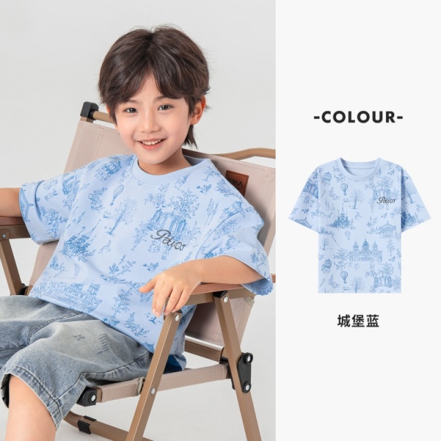 13311525.男童凉感T恤夏季童趣复古蓝调插画满印休闲上衣儿童百搭纯棉短袖