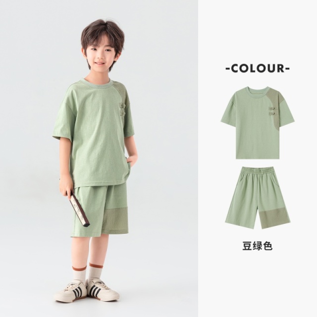 13311499.儿童夏季新中式套装国风盘扣圆领休闲短袖短裤男童节日演出两件套