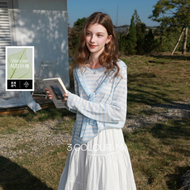 13146836.三彩2026春季新款镂空披肩式条纹针织衫宽松长袖休闲上衣套头衫M