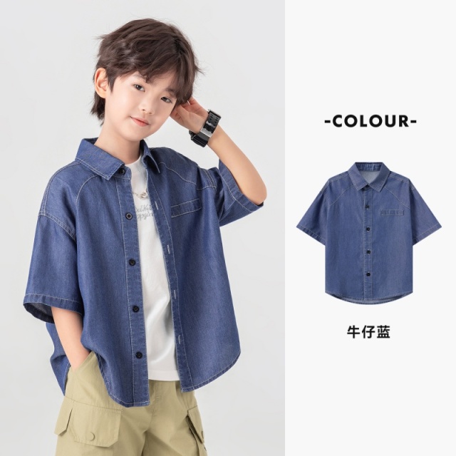 13311510.男童衬衫夏季百搭撞色线翻领短袖儿童潮装时尚复古莱赛尔牛仔衬衣