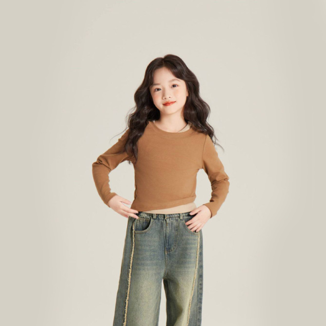 13303861.女童设计感不规则假两件上衣修身长袖打底衫休闲百搭长袖T恤