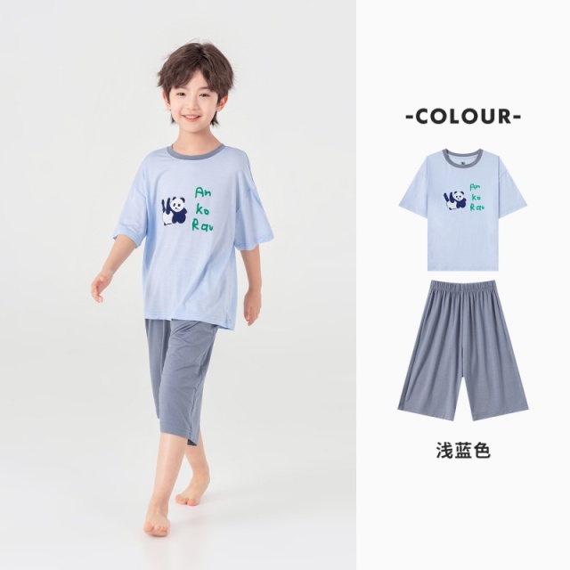 13311412.男童家居服夏季软糯亲肤弹力T恤短裤两件装萌趣印花儿童睡衣套装