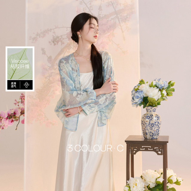13303267.三彩【烟雨入画】2026夏季新款新中式印花烧花宽松小衫衬衣上衣C
