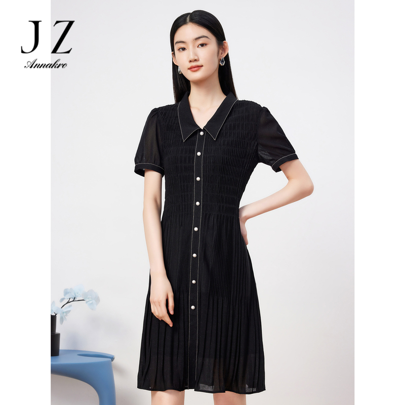 13308007.JZ玖姿星空网纱连衣裙女装夏季新款衬衫领撞色边裙子