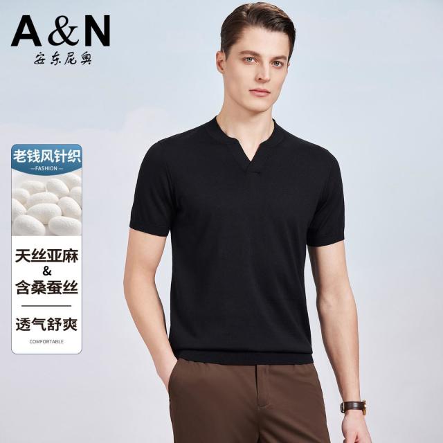 13307475.【天丝亚麻+含桑蚕丝】可机洗V领针织T恤男短袖高弹透气半袖