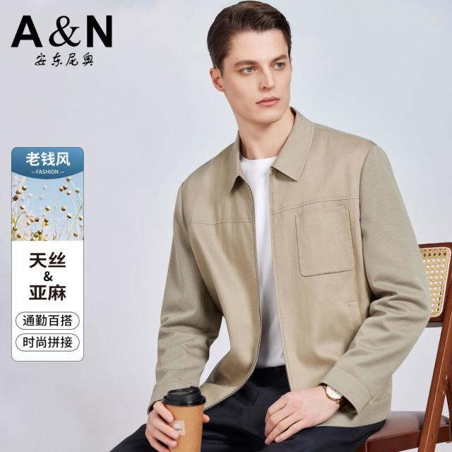 13307489.【天丝亚麻】老钱风拼接春季休闲夹克男青年轻奢翻领上衣外套