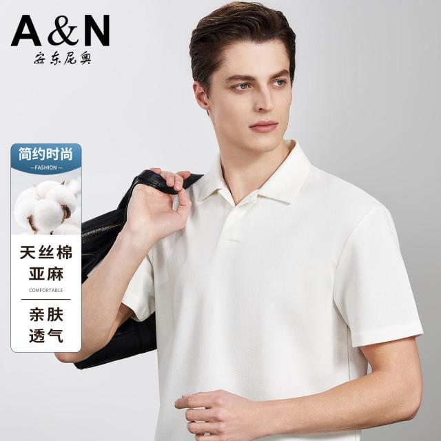13307467.【天丝棉+亚麻】海鸥领短袖polo衫男夏季休闲纯色半袖T恤