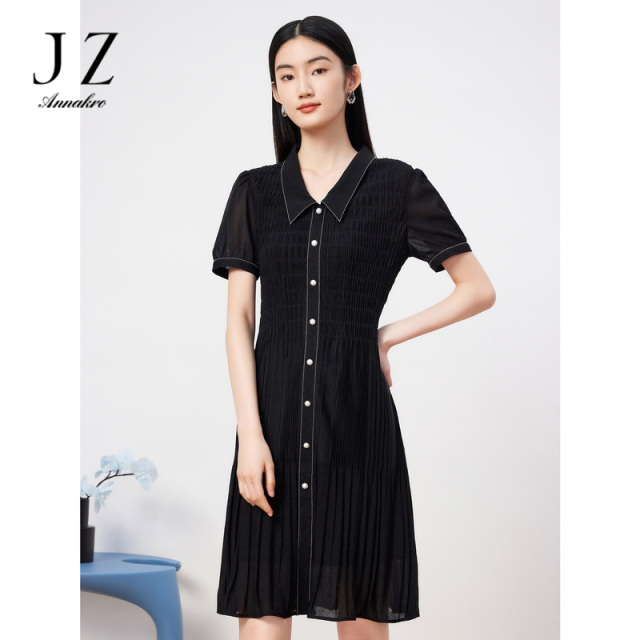 13308007.JZ玖姿星空网纱连衣裙女装夏季新款衬衫领撞色边裙子